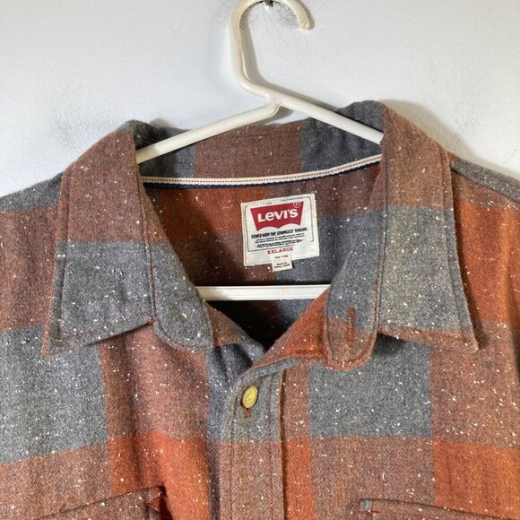 Mens Levis Wool Blend Plaid Buffalo Check Heavy Shirt Shacket Orange Gray 2XL - Picture 4 of 9